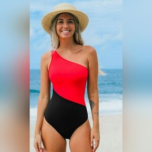 CUPSHE | Women's Red/Black One Shoulder Tummy Control One Piece Swimsuit